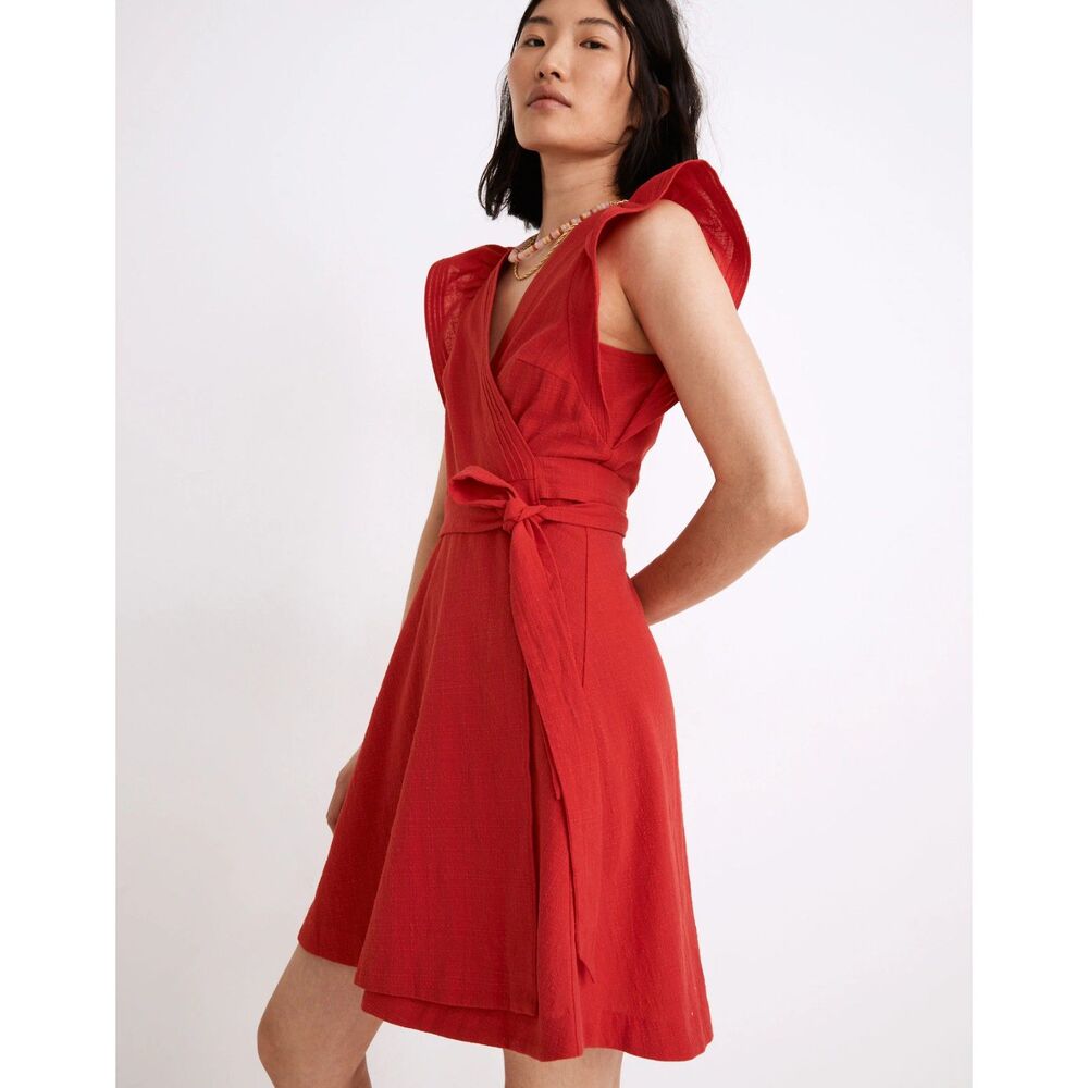 Madewell Red Ruffle-Sleeve Wrap Mini Dress, XL (C7)